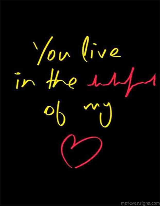 Romantic images of valentines day. You live in the beat of my heart. Beat and heart shapes are drawn in red while other text is written in yellow on a black background image.