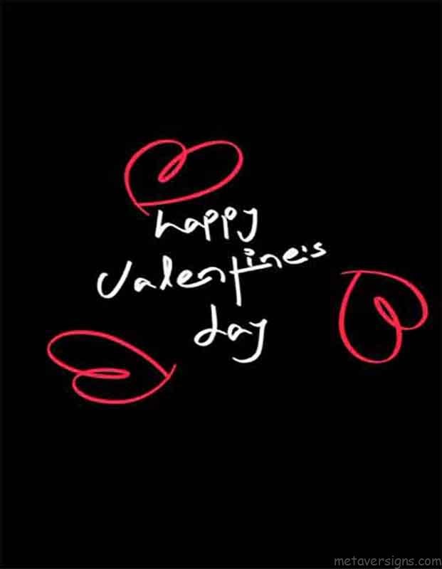 1st of Happy Valentines Day Images. Happy valentines day is written in white color inside triangle of three red hearts. All in handwriting style on a black background image and overall it looks very very romantic.